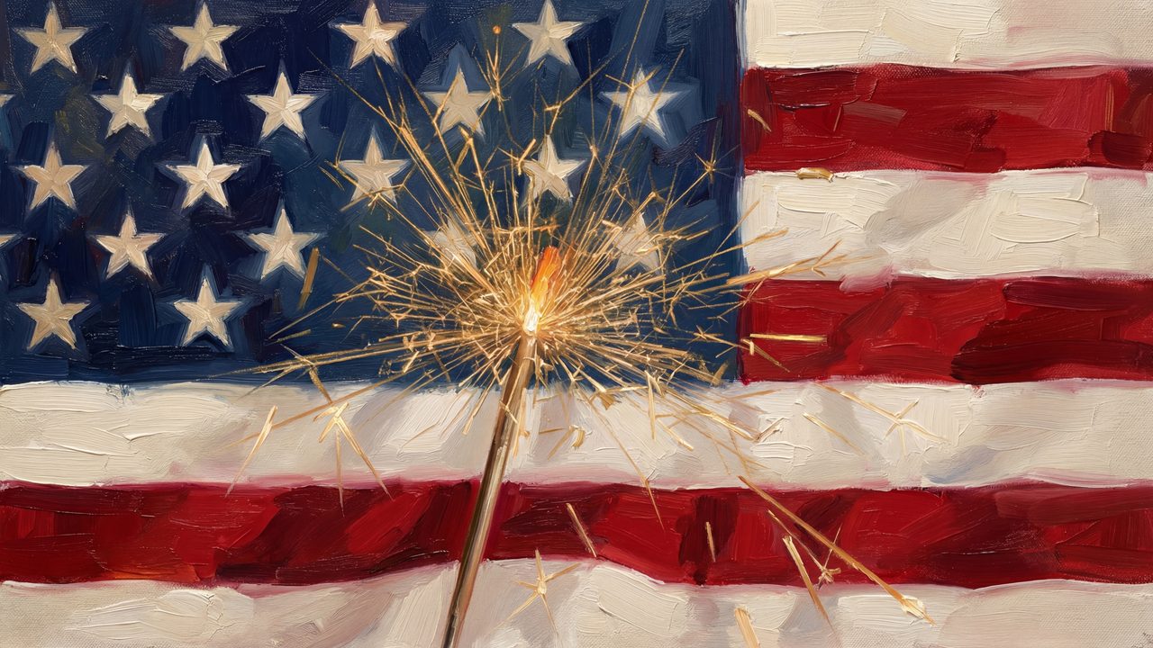 4th of July Frame TV Art, Patriotic American Oil Painting (Sparkler on American Flag)