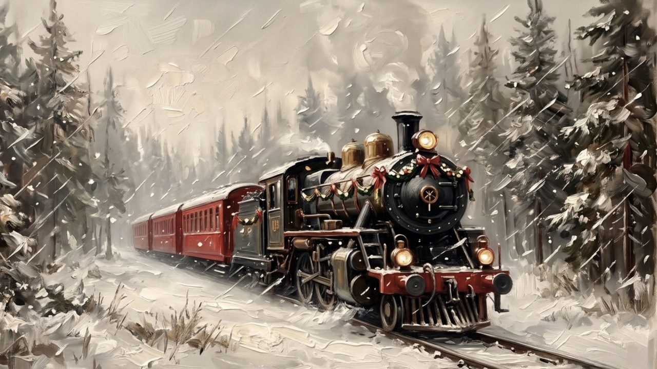 Christmas Frame TV Art, Vintage Holiday Oil Painting (Steam Train in Snowy Pines)