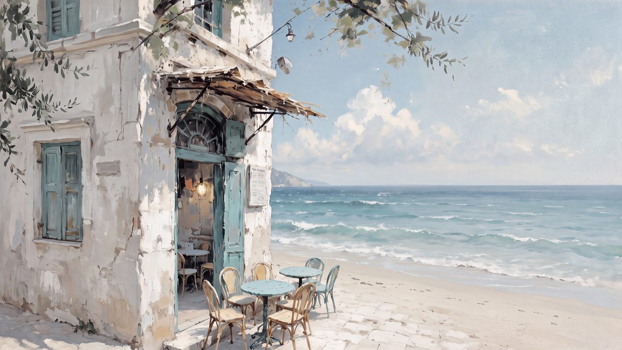 Summer Frame TV Art, Coastal Beach Oil Painting (Seaside Cafe Terrace)