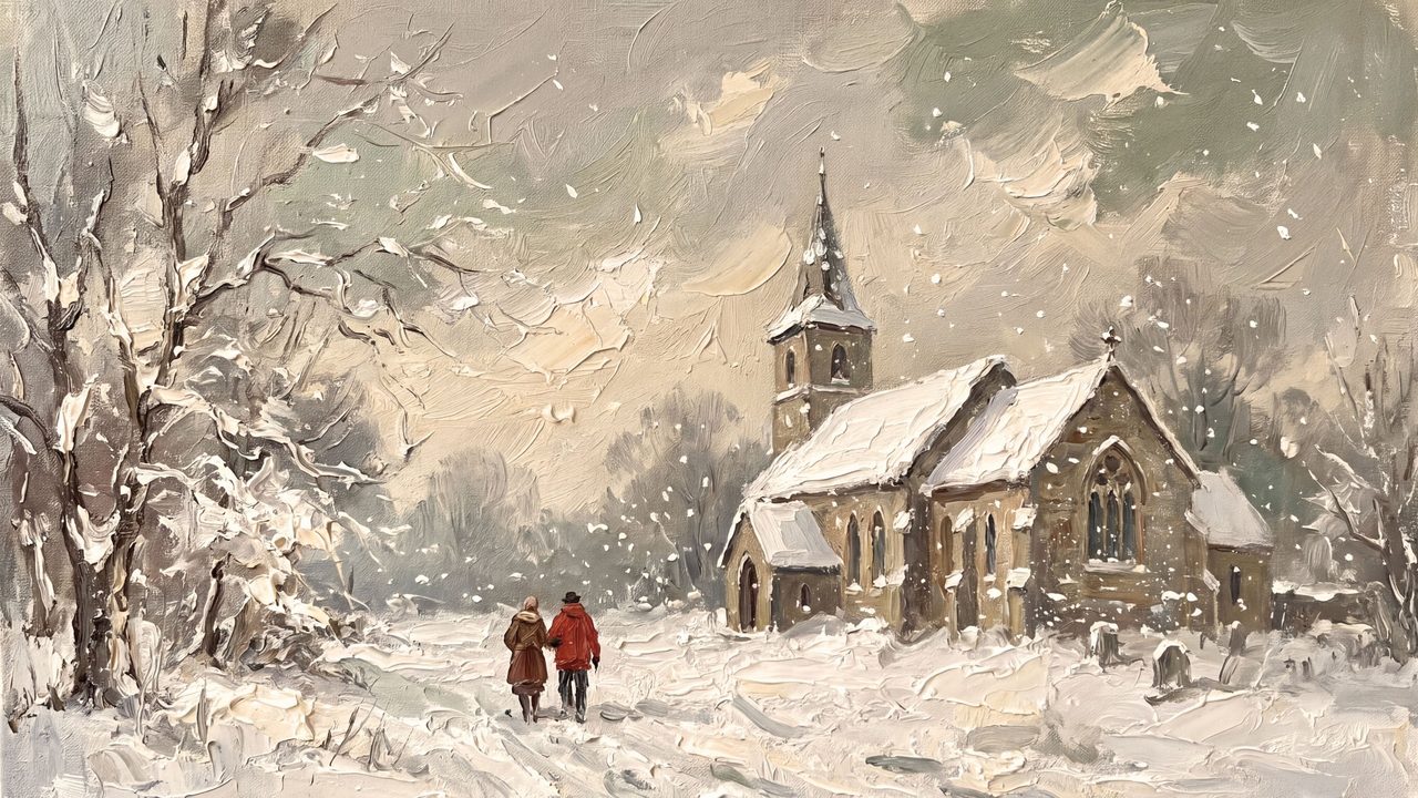 Christmas Frame TV Art, Vintage Holiday Oil Painting (Couple Walking to Snowy Church)
