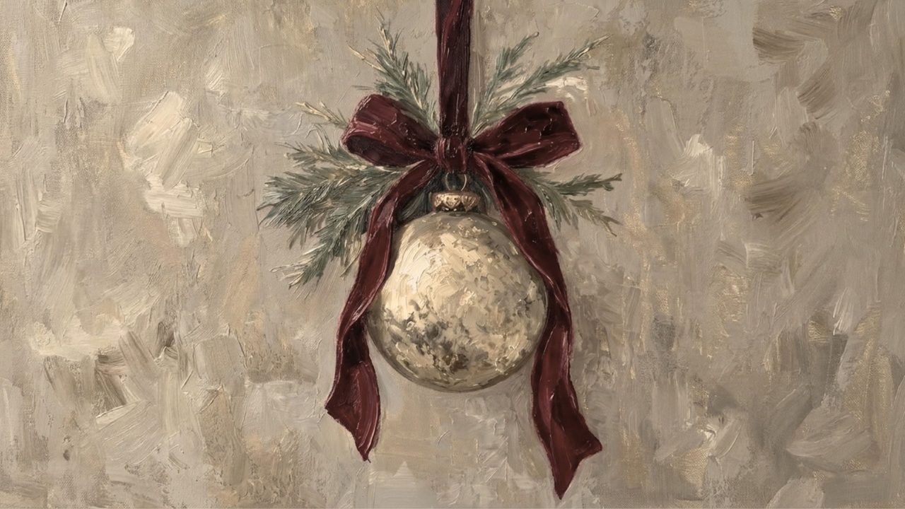 Christmas Frame TV Art, Vintage Holiday Oil Painting (Ornament with Burgundy Bow)