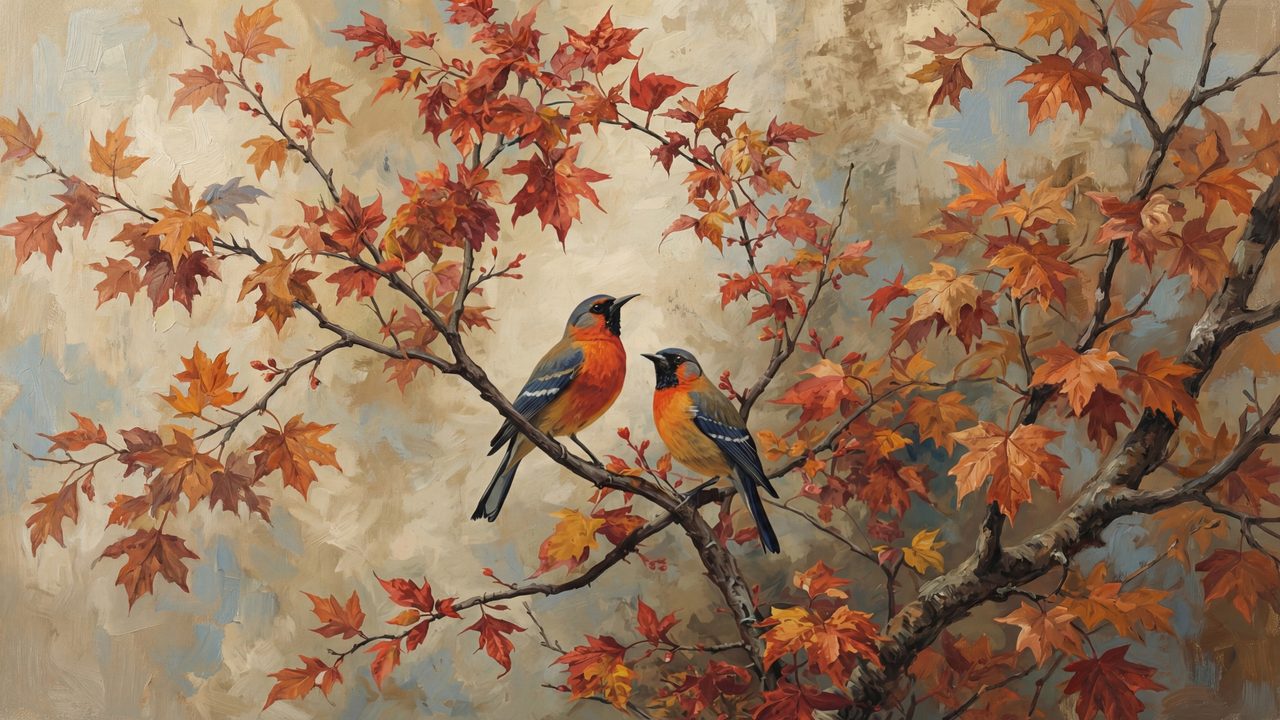 Fall Frame TV Art, Vintage Autumn Oil Painting (Robins on Autumn Branch)