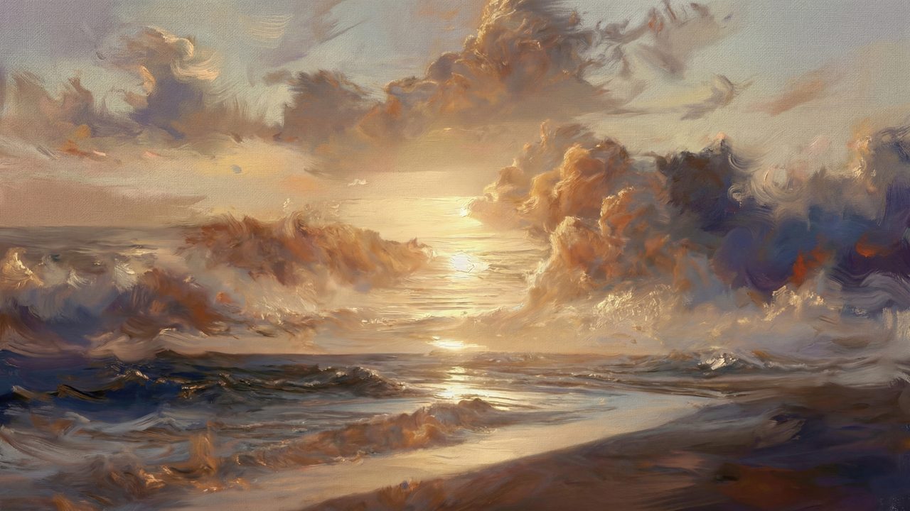 Sacred Sunset Ocean Samsung Frame TV Art, Christian Religious Screen Decor, Coastal Horizon Oil Painting