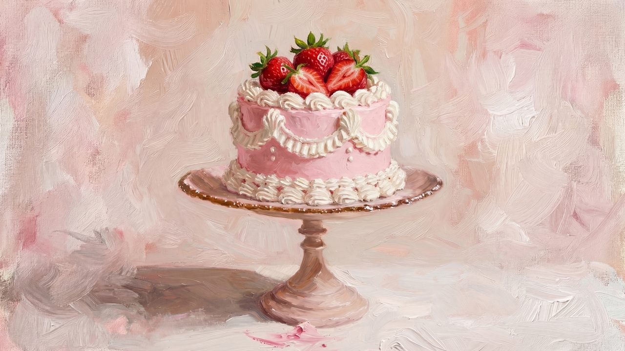 Valentine Frame TV Art, Romantic Vintage Oil Painting (Strawberry Cake on Pink Stand)