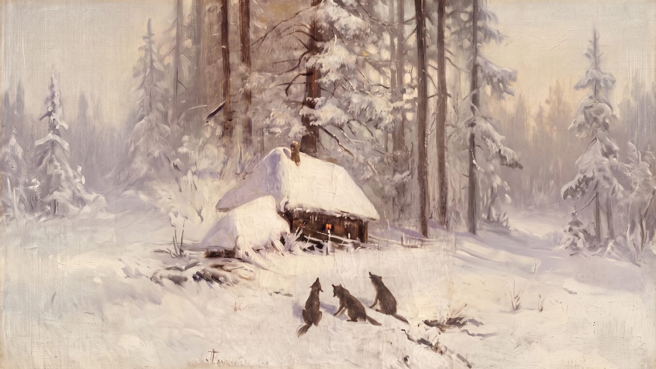 Winter Frame TV Art, Vintage Snowy Landscape Oil Painting (Snowy Hut in Pine Forest)