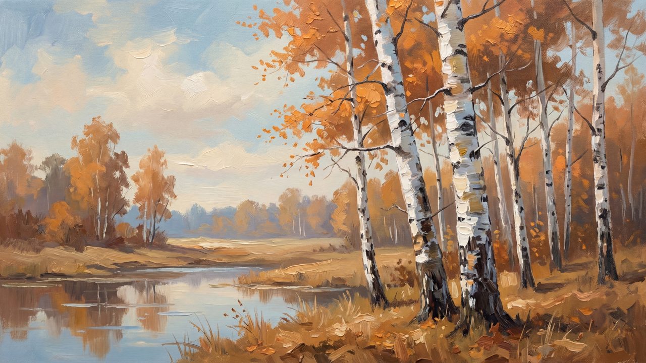 Fall Frame TV Art, Vintage Autumn Oil Painting (Birch Trees by Autumn Lake)