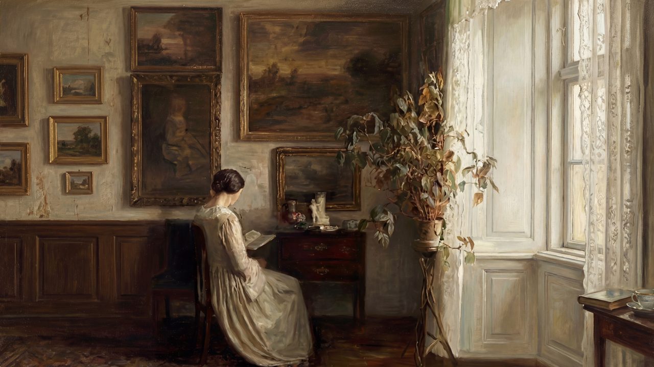 Vintage Frame TV Art, Antique Landscape Oil Painting (Woman Reading in Parlor)