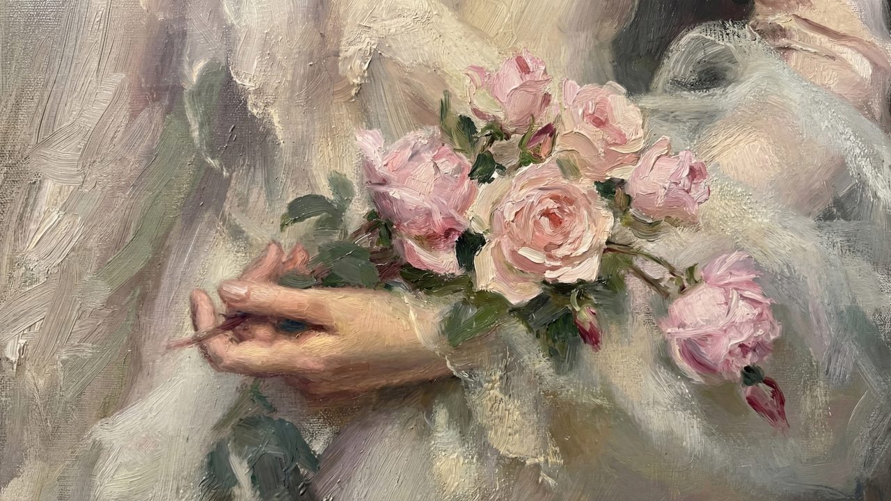 Valentine Frame TV Art, Romantic Vintage Oil Painting (Hand Holding Pink Roses)