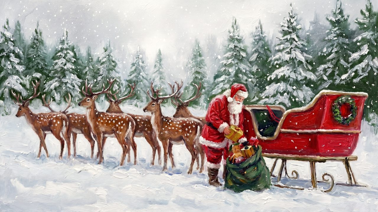 Christmas Frame TV Art, Vintage Holiday Oil Painting (Santa Sleigh and Reindeer)