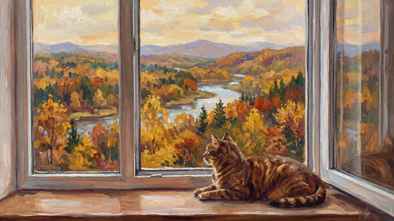 Fall Frame TV Art, Vintage Autumn Oil Painting (Cat at Window over Valley)