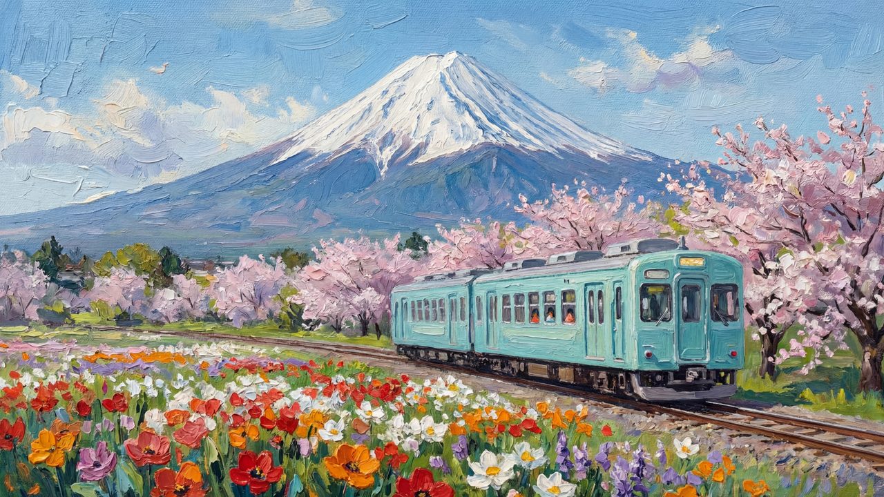 Spring Frame TV Art, Vintage Floral Landscape Oil Painting (Train Past Mount Fuji)