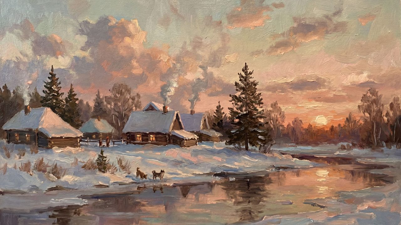 Christmas Frame TV Art, Vintage Holiday Oil Painting (Village at Winter Sunset)