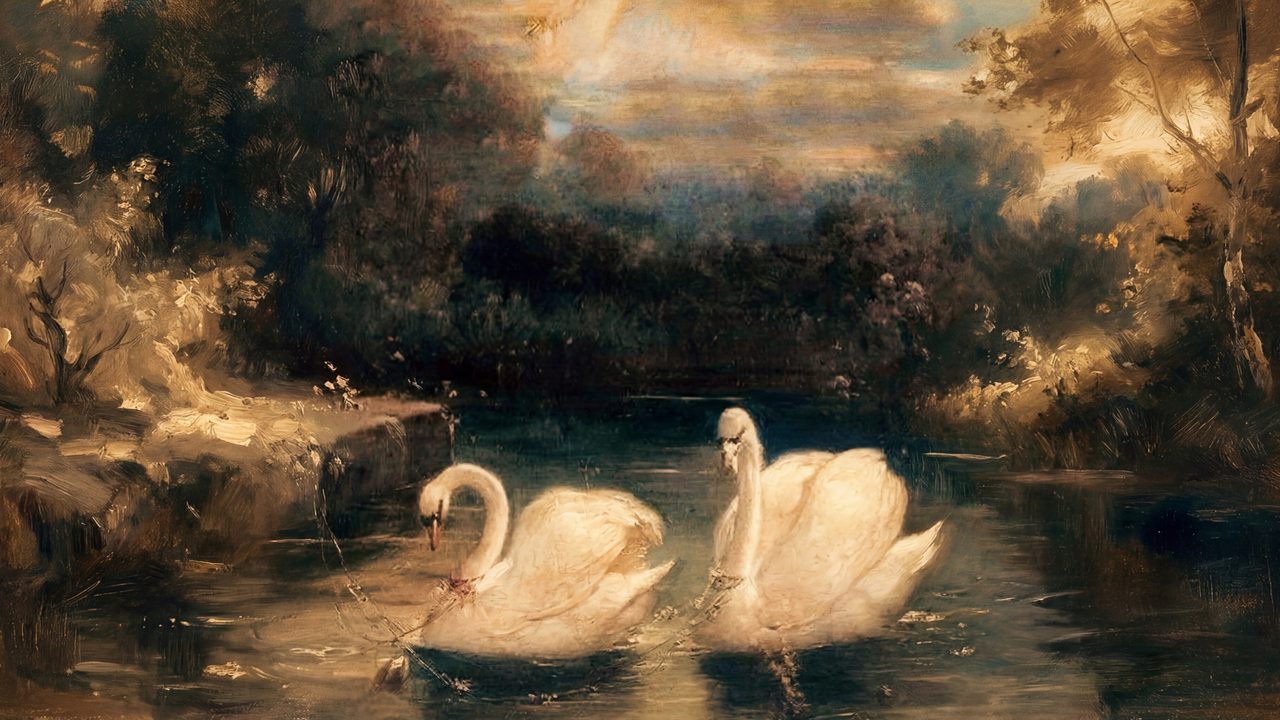 Rustic Frame TV Art, Farmhouse Country Oil Painting (Two Swans on Forest Pond)