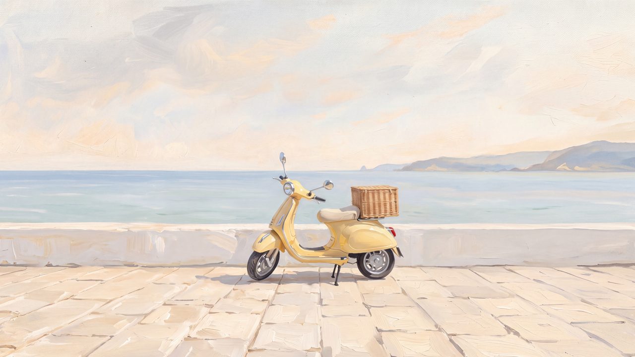 Summer Frame TV Art, Coastal Beach Oil Painting (Yellow Scooter by Seaside)