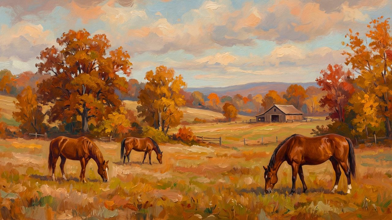Fall Frame TV Art, Vintage Autumn Oil Painting (Horses Grazing in Autumn)
