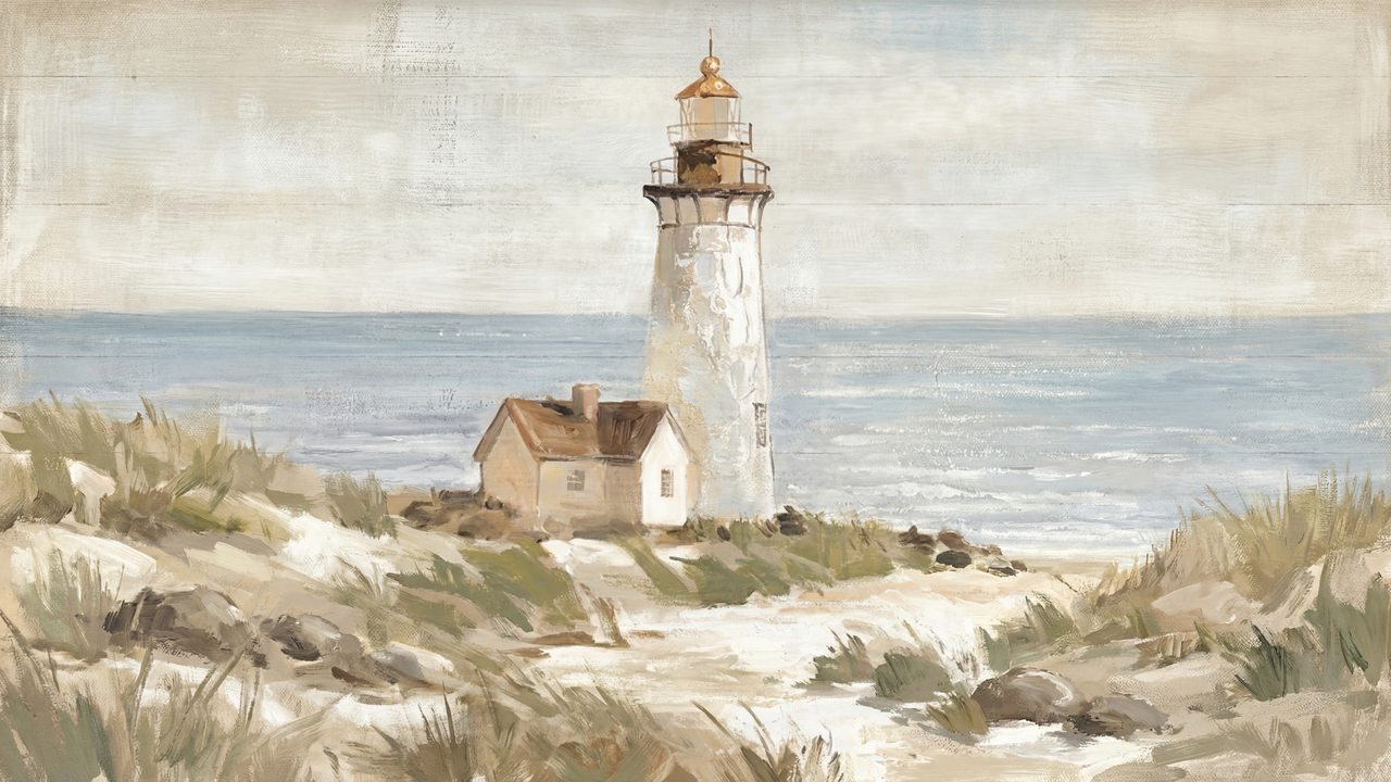 Vintage Frame TV Art, Antique Landscape Oil Painting (Lighthouse on Sandy Dunes)