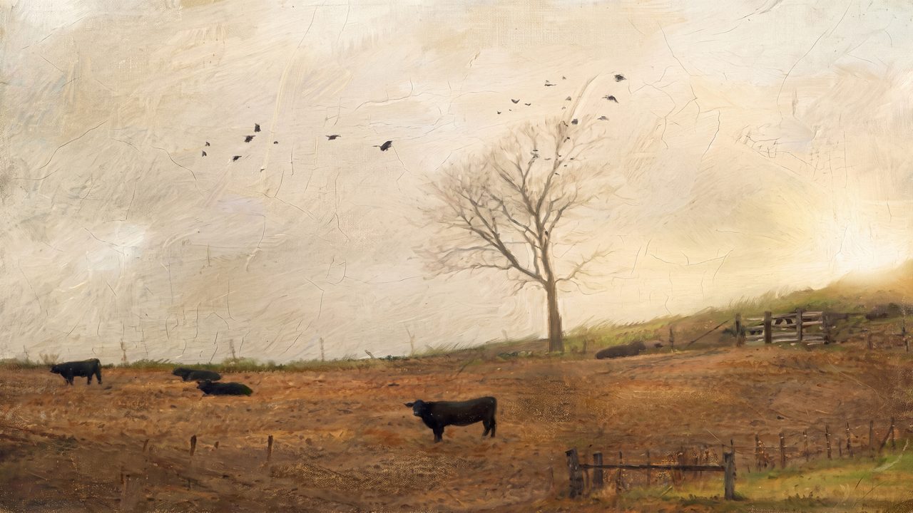 Fall Frame TV Art, Vintage Autumn Oil Painting (Cattle Under Lone Tree)