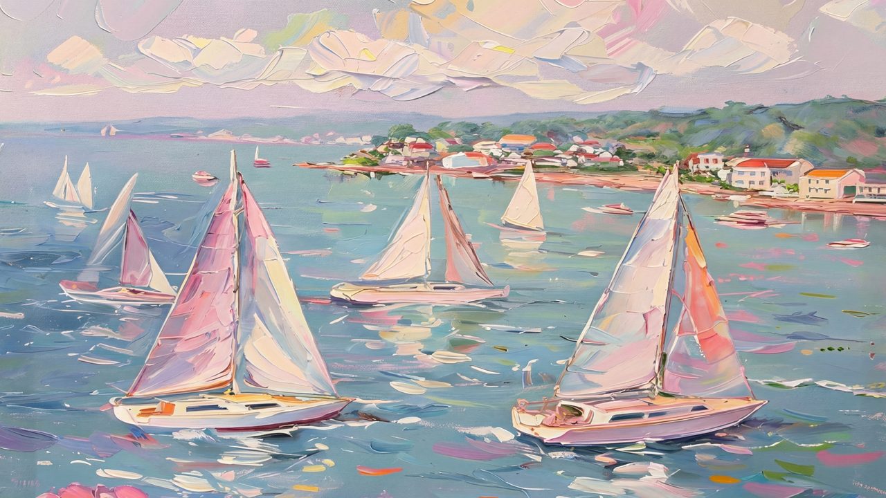 Spring Frame TV Art, Vintage Floral Landscape Oil Painting (Pastel Sailboats in Bay)