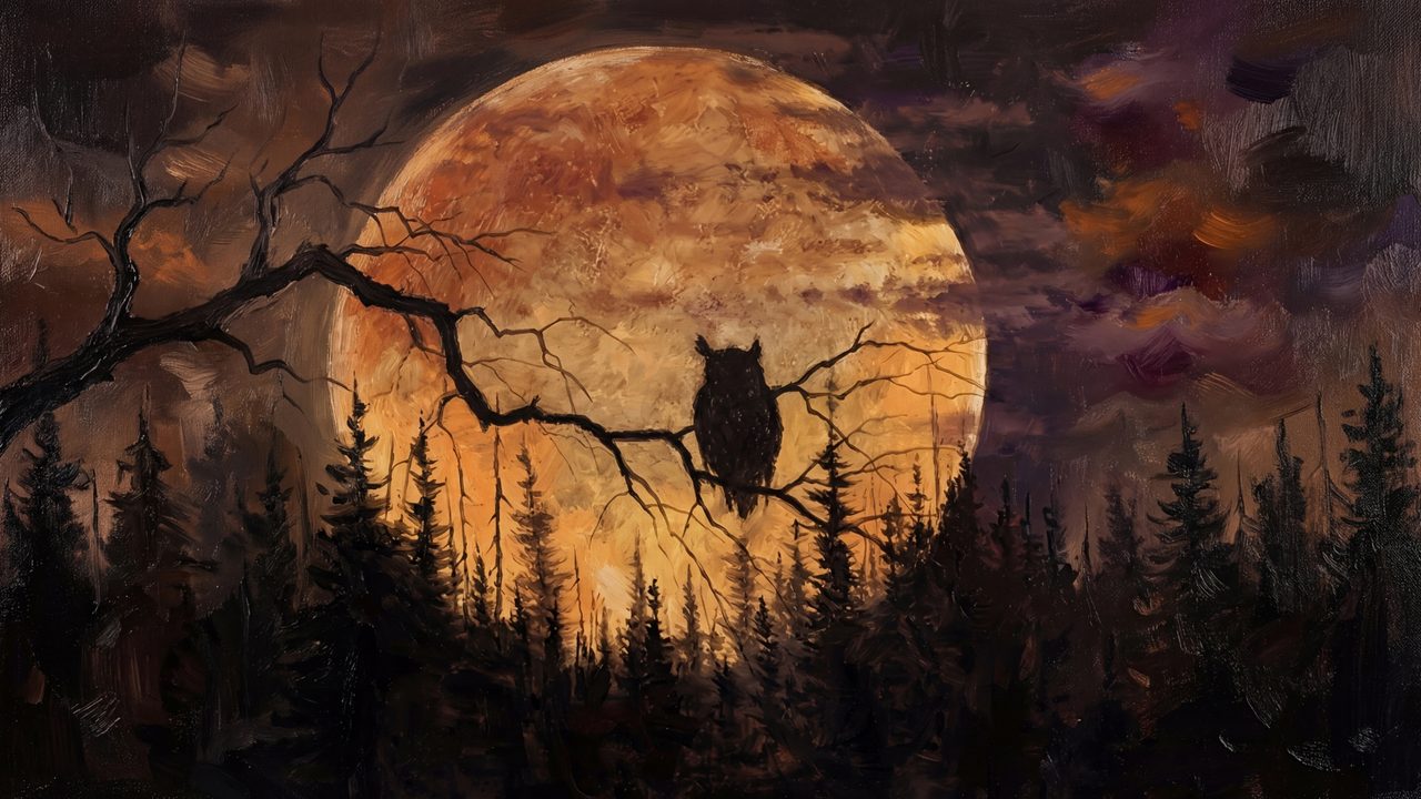 Halloween Frame TV Art, Vintage Moody Oil Painting (Owl Silhouette Before Moon)