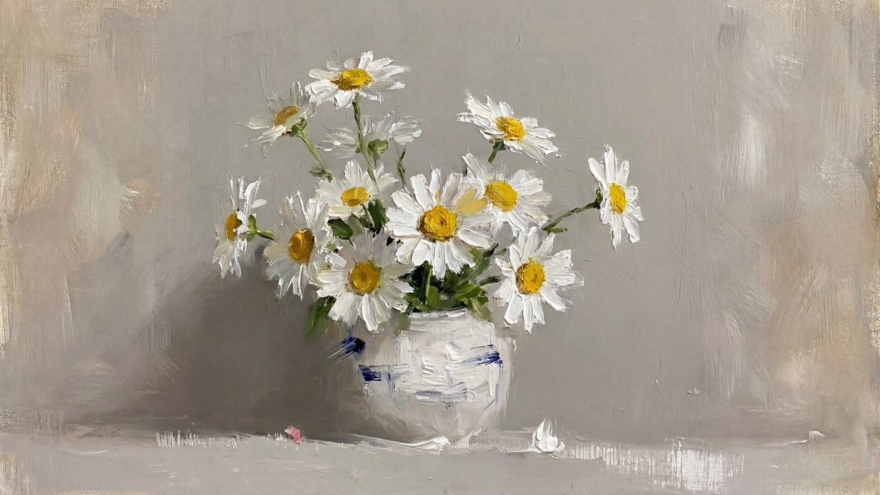 Vintage Frame TV Art, Antique Landscape Oil Painting (Daisies in White Vase)