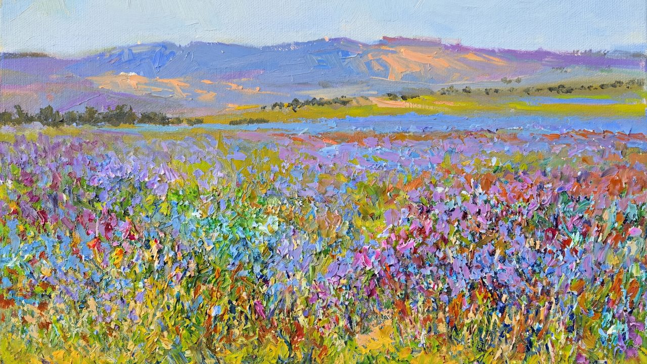 Spring Frame TV Art, Vintage Floral Landscape Oil Painting (Purple Flower Field and Hills)